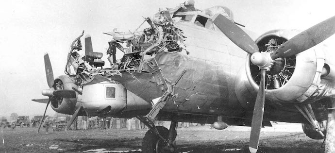 Flak damage completely destroyed the nose section of this Boeing B-17G, a 398th Bomb Group aircraft flown by 1Lt. Lawrence M. Delancey over Cologne, Germany. (U.S. Air Force photo)